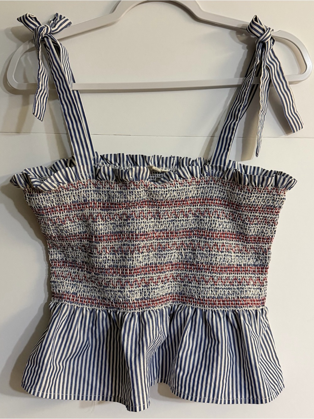 Striped Smocked Peplum Tie-Shoulder Top - Blue/Red/White